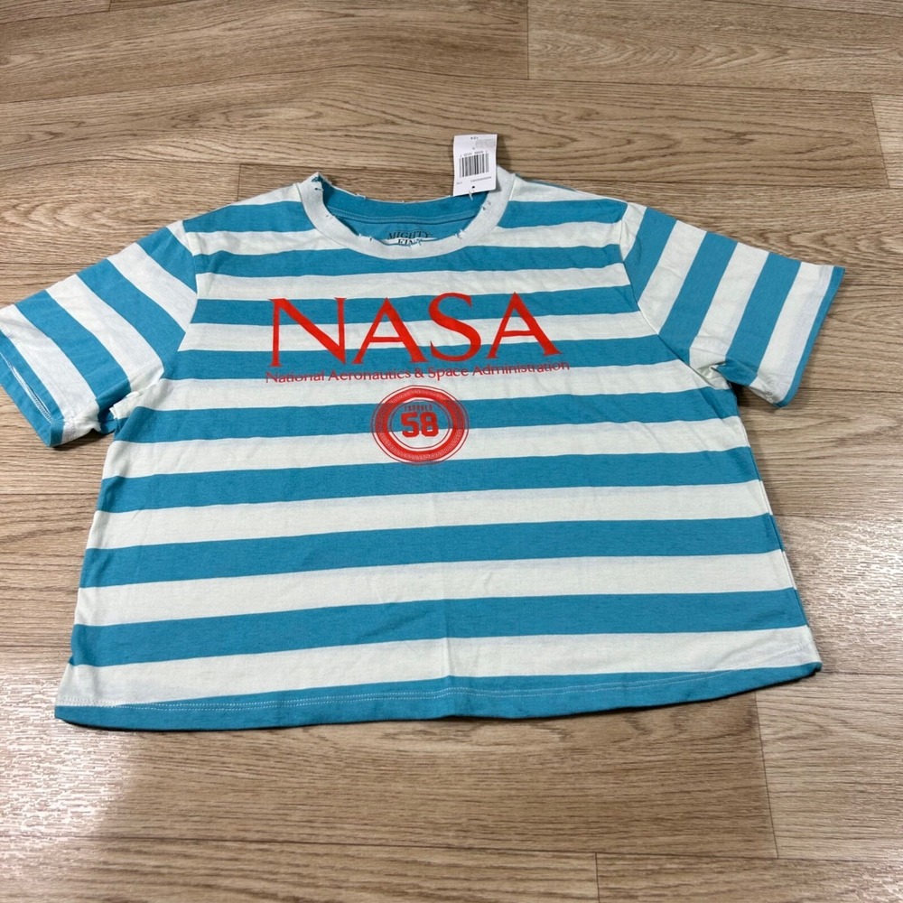Mighty‎ Fine NASA T-Shirt Women XL Teal White New Distressed Striped Graphic Tee